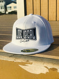 White flat bill cotton cap. Black and white embroidered Joe Local So Cal flag logo. Flex fit, premium fitted cap