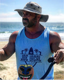 Joe Local SoCal Tank Top Neon Blue or Sky blue with navy Blue SoCal/HB shield Logo 50:50 Cotton / Polyester blend 4.8 oz / 165 gram Joe Local SoCal/HB shield Logo on front Joe Local Logo on back.