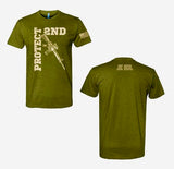Military green. 60% cotton, 40% polyester. Crew neck. front of shirt features the phrase “protect 2nd” with a gun on front of shirt. It is screen printed white. The word protect is aligned vertically along left side of shirt. The word 2nd is aligned horizontally at top of logo. A rifle is aligned at the center, under phrase protect 2nd. back of t-shirt features a small Joe Local logo under neck which is centered and aligned horizontally. left sleeve features a white screen printed American flag logo.
