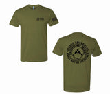 Military green cotton short sleeve t-shirt. Joe Local logo on left pocket. The back of the t-shirt has a circular logo saying "second amendment shall not be infringed. Also, within that circle is another circle with the phrase "peaceful not passive, 1791". Within that circle at the center are Two guns in center crossing each other.  Edit alt text