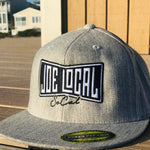 Gray flat bill cotton cap. Black and white embroidered Joe Local So Cal flag logo. Flex fit, premium fitted cap