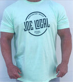 Front of the t-shirt. Joe Local Classic short sleeved Tee In Mint green with Joe Local Huntington Beach/So Cal Circled Logo. Joe Local Logo on upper back centered under the neck.