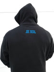 Joe Local So Cal Black Hoodie with blue flag logo. Premium Heavyweight 13.5oz/450gm fleece ring spun cotton 70% cotton / 30% polyester. double fleece lined hood antique silver eyelets heavy duty 100% cotton shoestring drawcord with antique silver tips double ribbing side panels for stretch. Back of hoodie features Joe Local logo at center top under the neck.