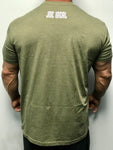 Back of olive green t-shirt with white Joe Local logo featured at the center top under the neck.