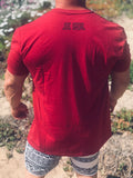 Back of the t-shirt. Joe Local Classic short sleeved Tee In Cardinal Red with Joe Local Huntington Beach/So Cal Circled Logo. Joe Local Logo on upper back centered under the neck.